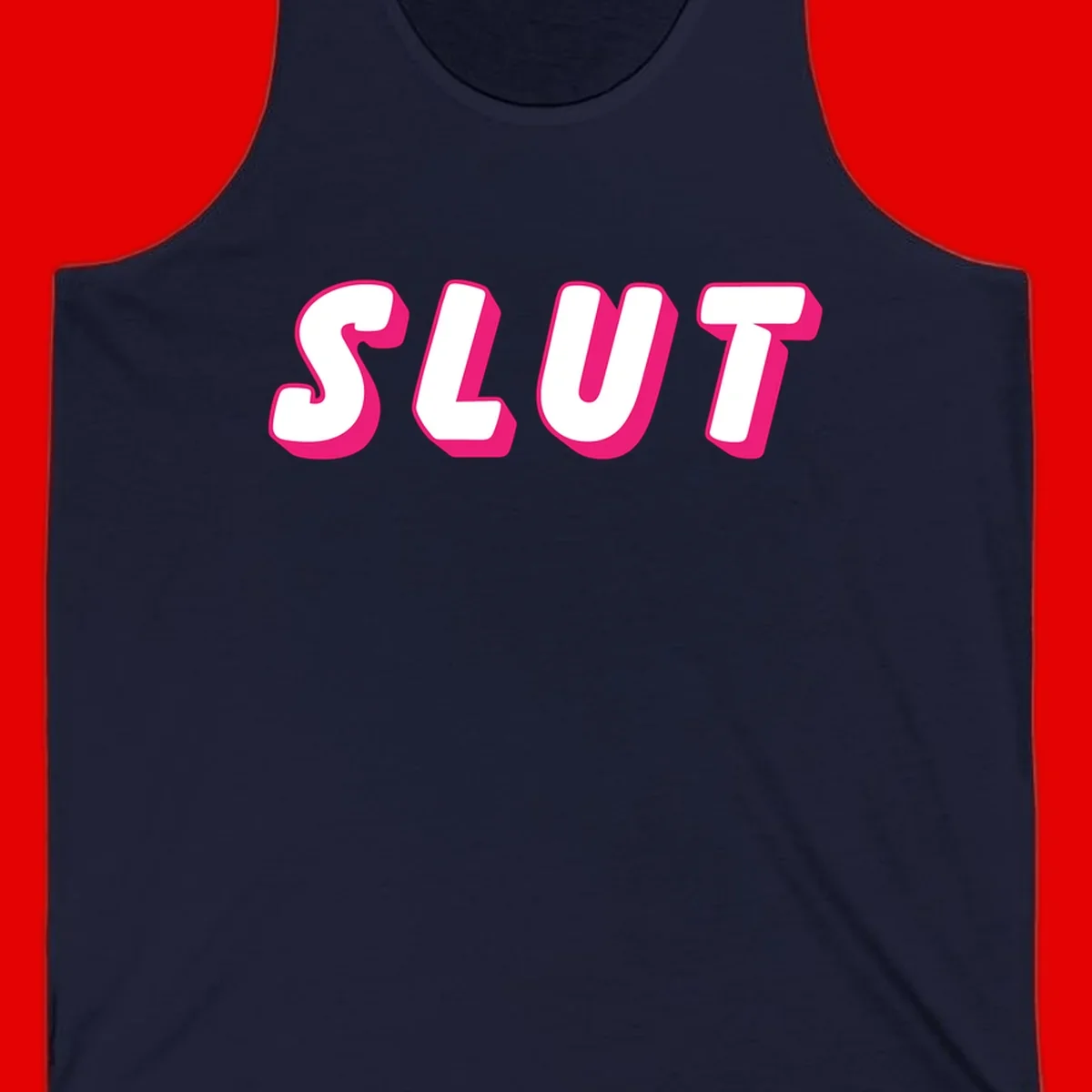 Bold magenta 3D block letters spelling 'SLUT' on gray background, slut-pride-statement design