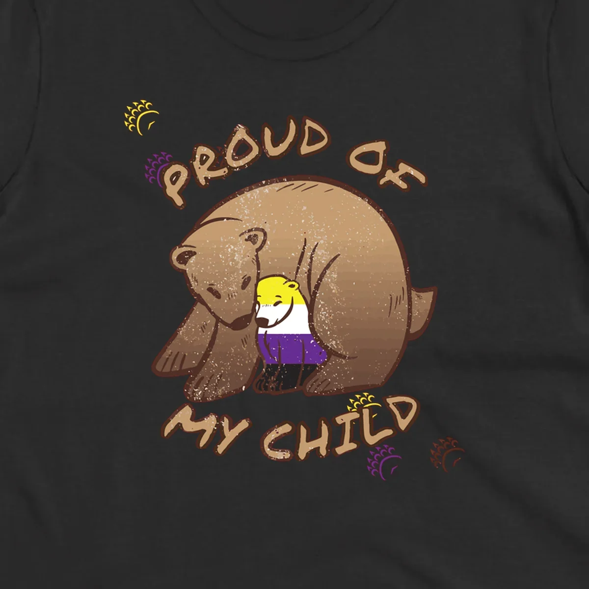 Illustration of a large brown bear's head in profile containing a small figure wearing pride flag colors, with text reading 'Proud As Child'