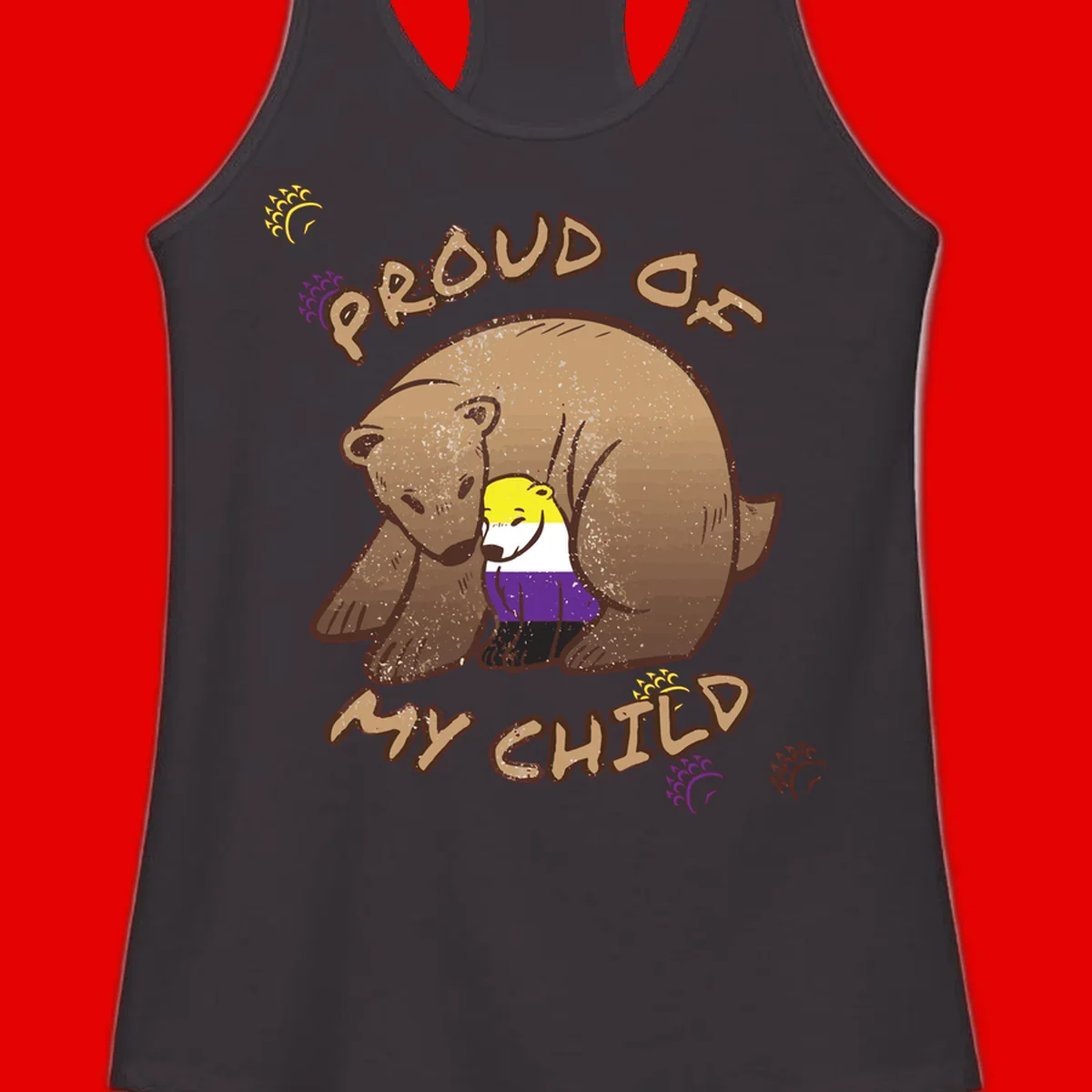 Illustration of a large brown bear's head in profile containing a small figure wearing pride flag colors, with text reading 'Proud As Child'