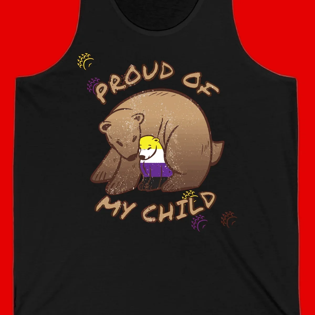 Illustration of a large brown bear's head in profile containing a small figure wearing pride flag colors, with text reading 'Proud As Child'