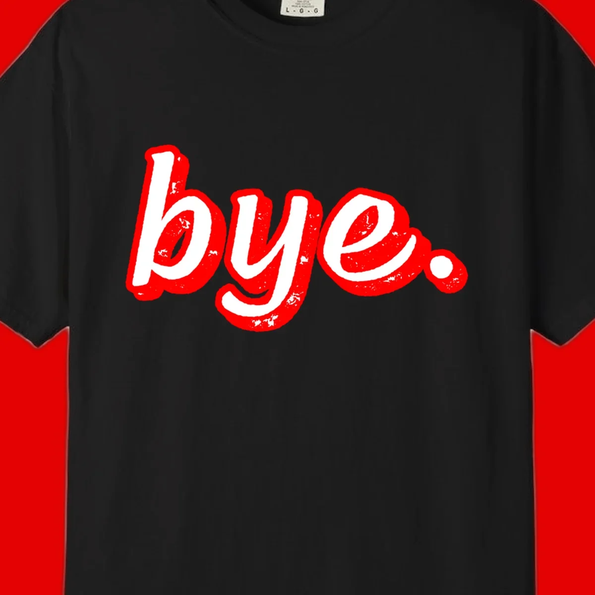 Bold red graffiti-style 'bye.' text with distressed texture and white lettering on gray background