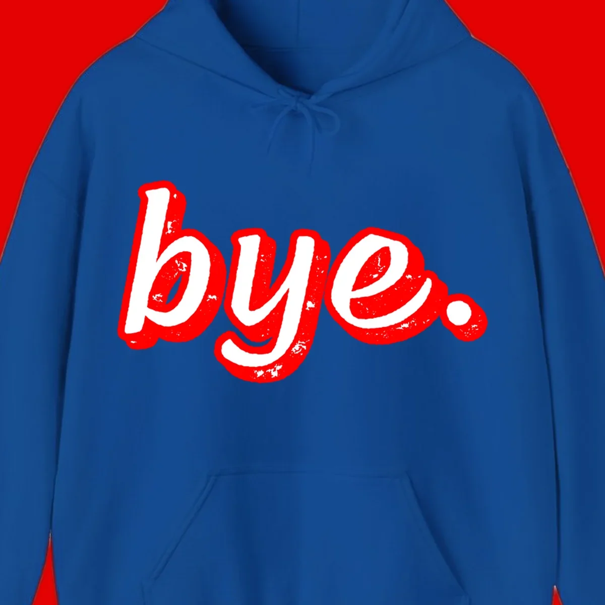Bold red graffiti-style 'bye.' text with distressed texture and white lettering on gray background