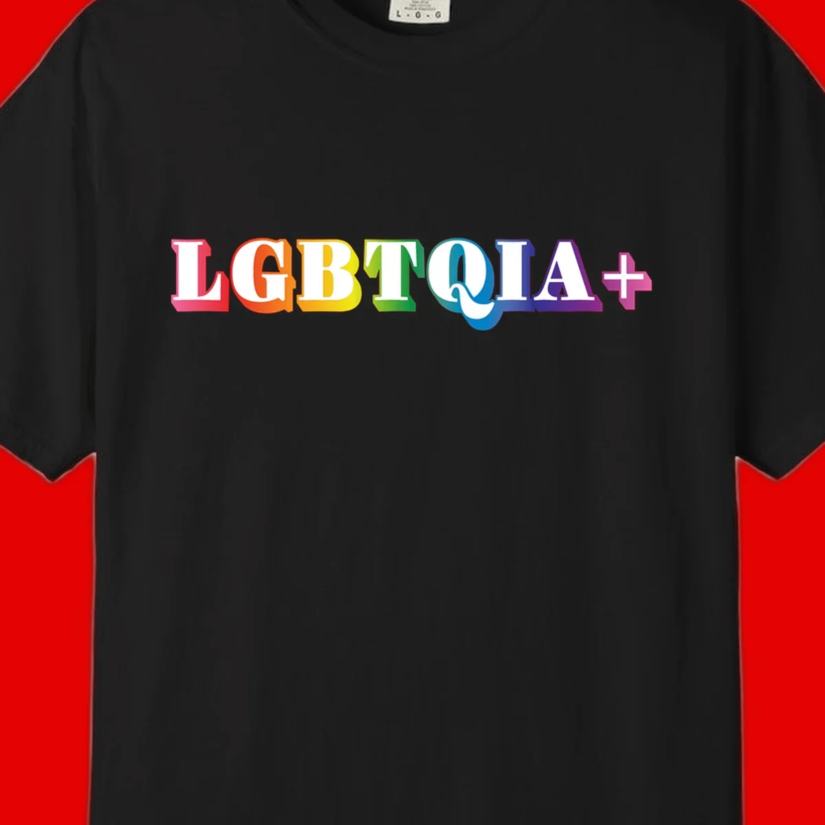Colorful LGBTQIA+ text with each letter in rainbow colors (pink, red, orange, yellow, green, teal, blue, purple) on gray background