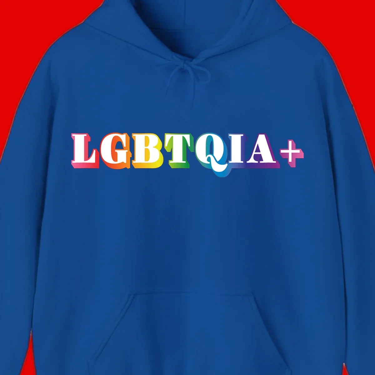 Colorful LGBTQIA+ text with each letter in rainbow colors (pink, red, orange, yellow, green, teal, blue, purple) on gray background