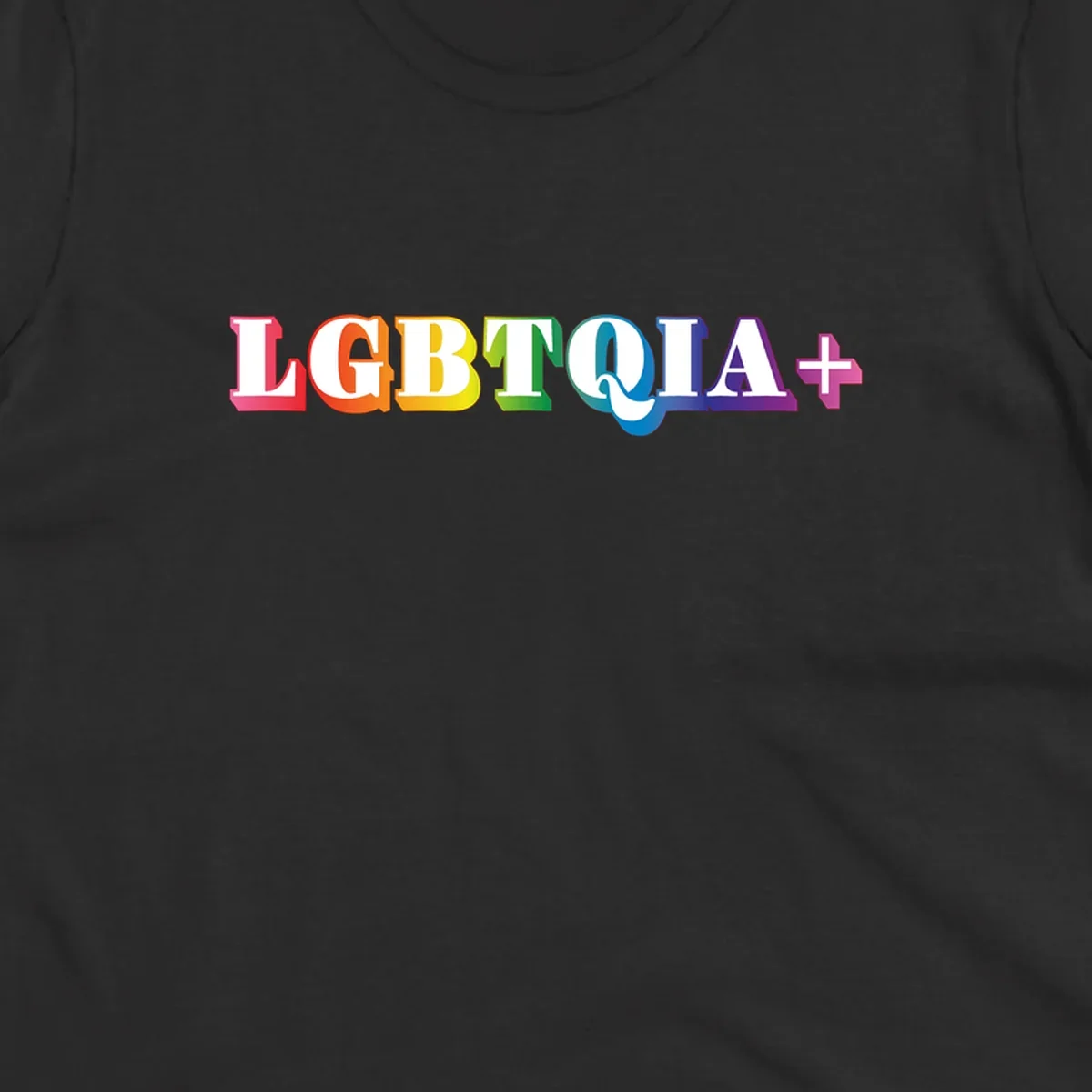 Colorful LGBTQIA+ text with each letter in rainbow colors (pink, red, orange, yellow, green, teal, blue, purple) on gray background
