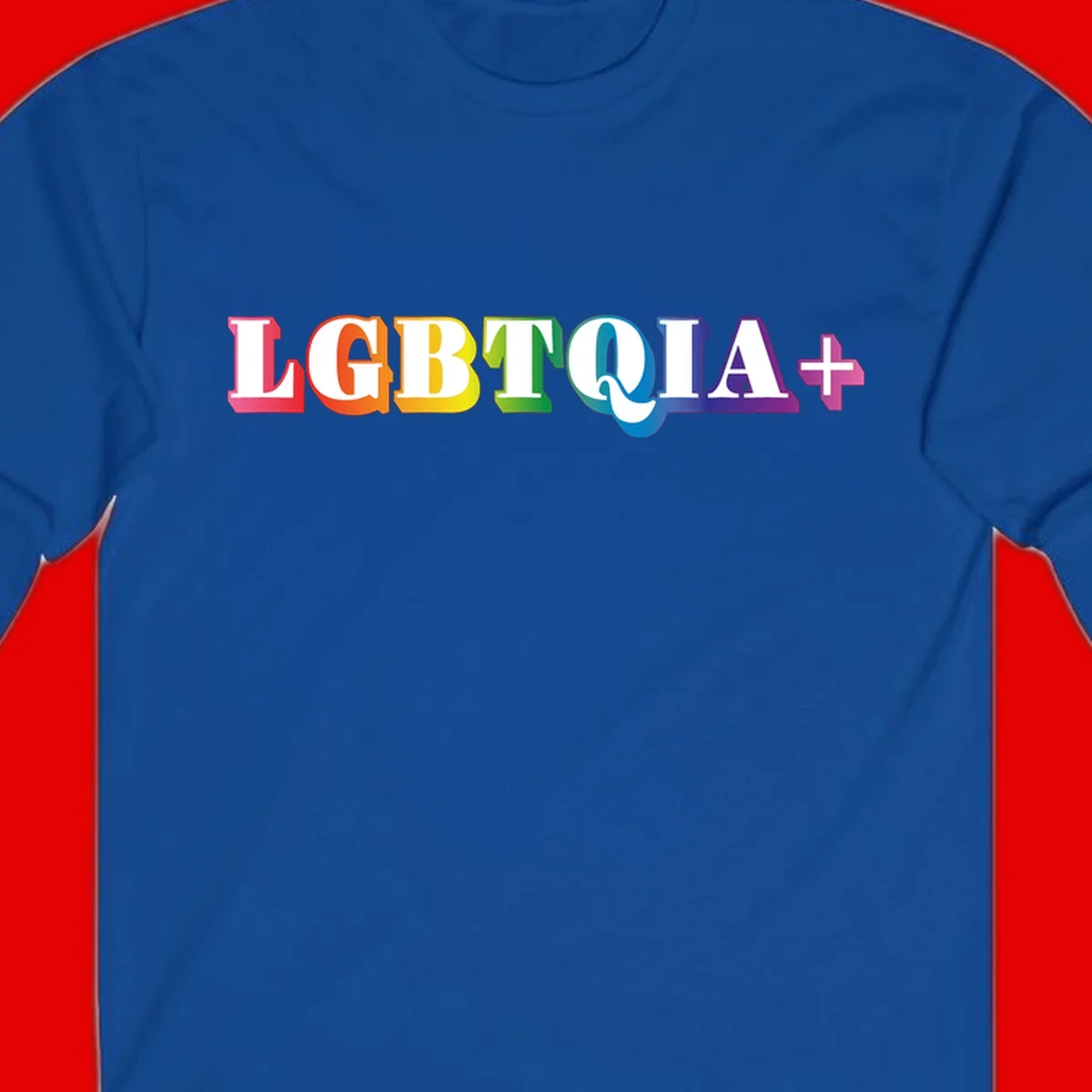 Colorful LGBTQIA+ text with each letter in rainbow colors (pink, red, orange, yellow, green, teal, blue, purple) on gray background