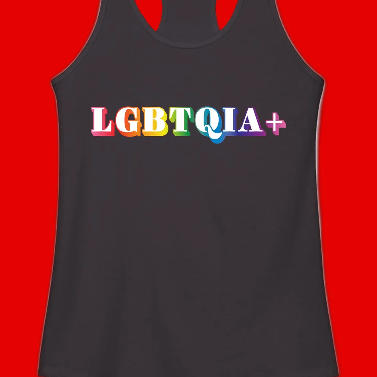 Colorful LGBTQIA+ text with each letter in rainbow colors (pink, red, orange, yellow, green, teal, blue, purple) on gray background