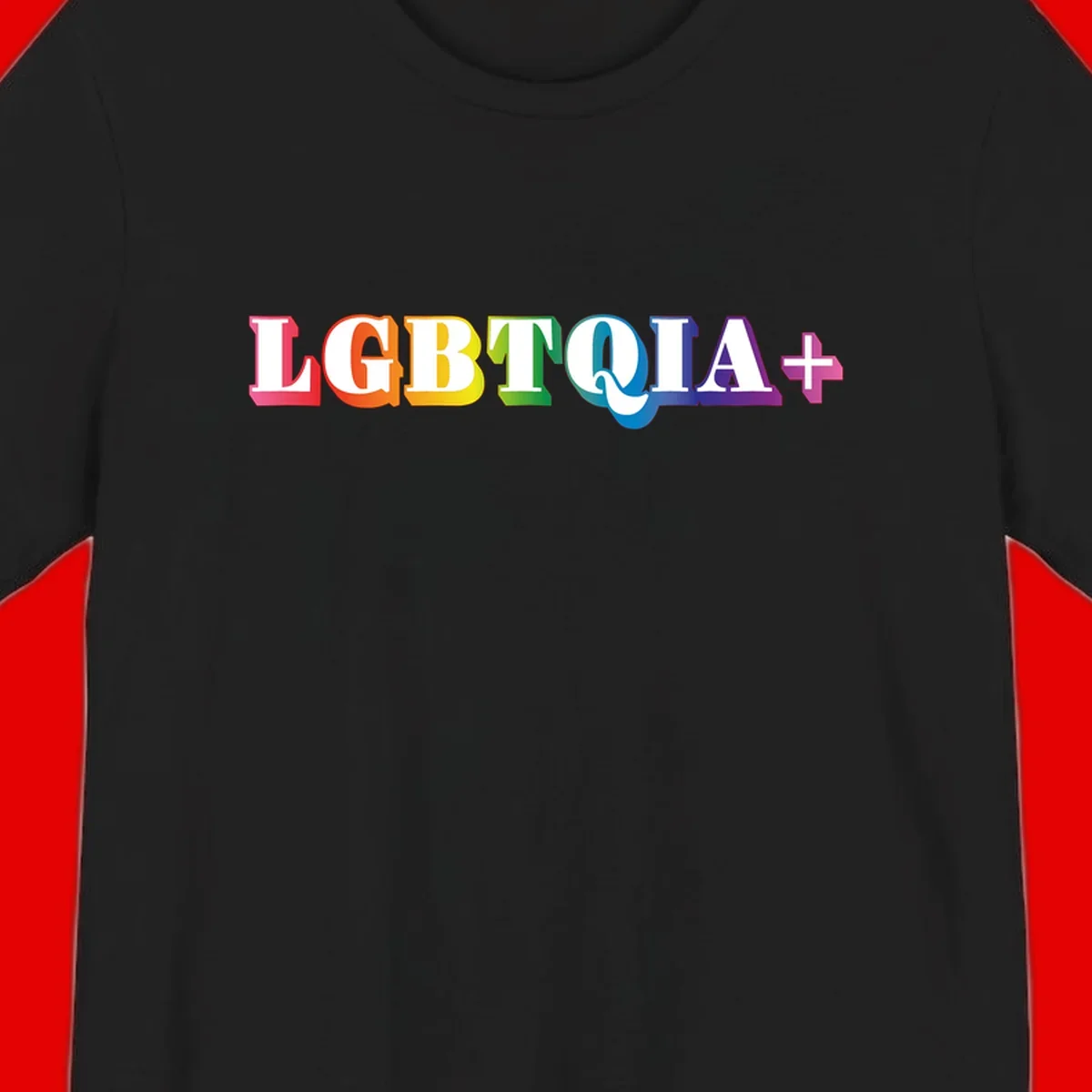 Colorful LGBTQIA+ text with each letter in rainbow colors (pink, red, orange, yellow, green, teal, blue, purple) on gray background