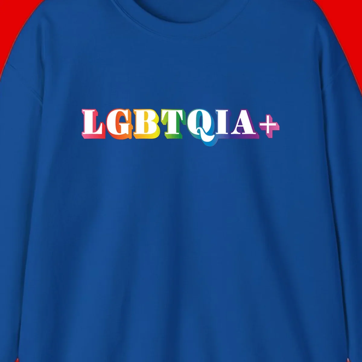 Colorful LGBTQIA+ text with each letter in rainbow colors (pink, red, orange, yellow, green, teal, blue, purple) on gray background