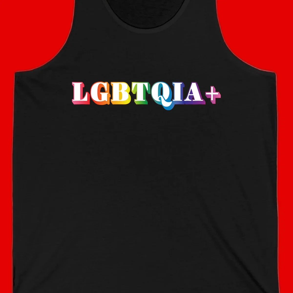 Colorful LGBTQIA+ text with each letter in rainbow colors (pink, red, orange, yellow, green, teal, blue, purple) on gray background