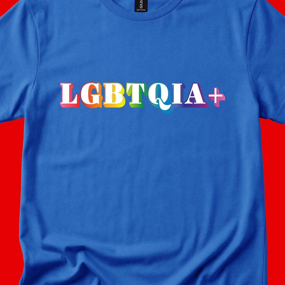 Colorful LGBTQIA+ text with each letter in rainbow colors (pink, red, orange, yellow, green, teal, blue, purple) on gray background