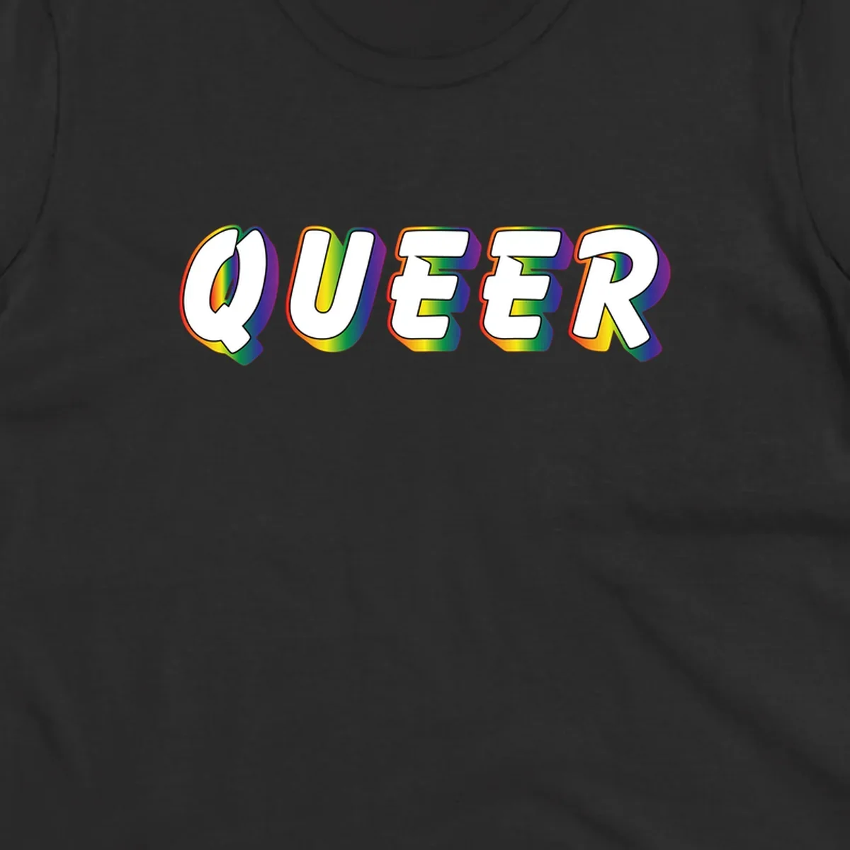 The word QUEER in large bold white letters with vibrant rainbow gradient fill and 3D orange outline effect on gray background