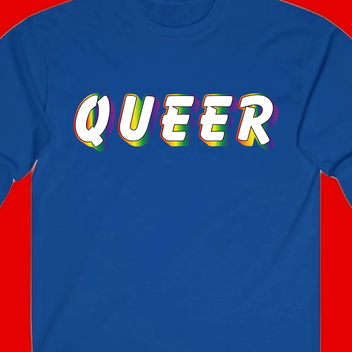 The word QUEER in large bold white letters with vibrant rainbow gradient fill and 3D orange outline effect on gray background