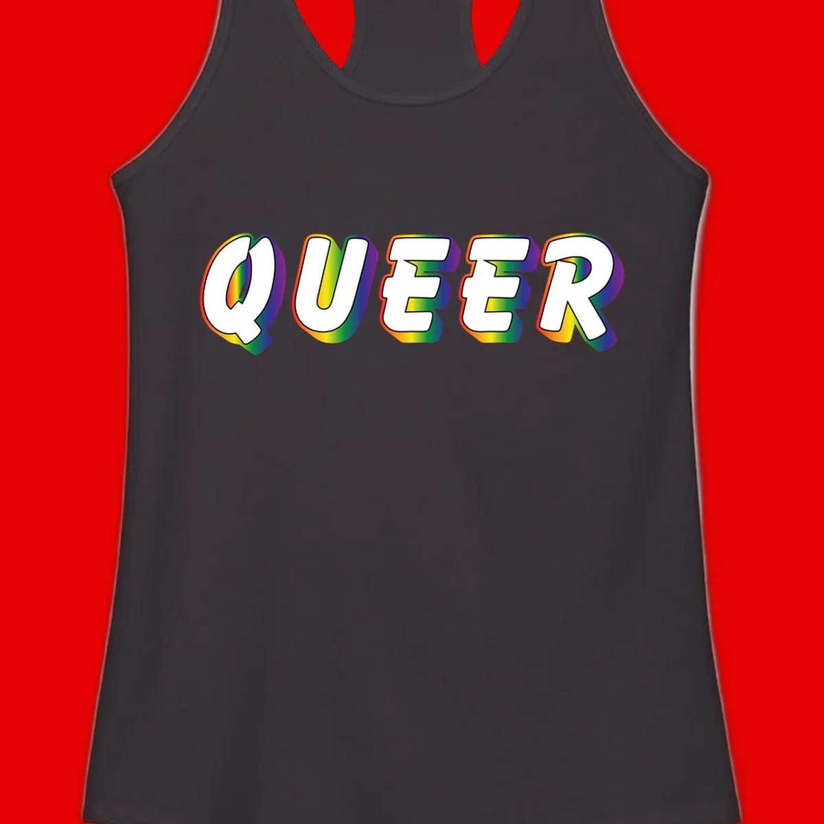 The word QUEER in large bold white letters with vibrant rainbow gradient fill and 3D orange outline effect on gray background