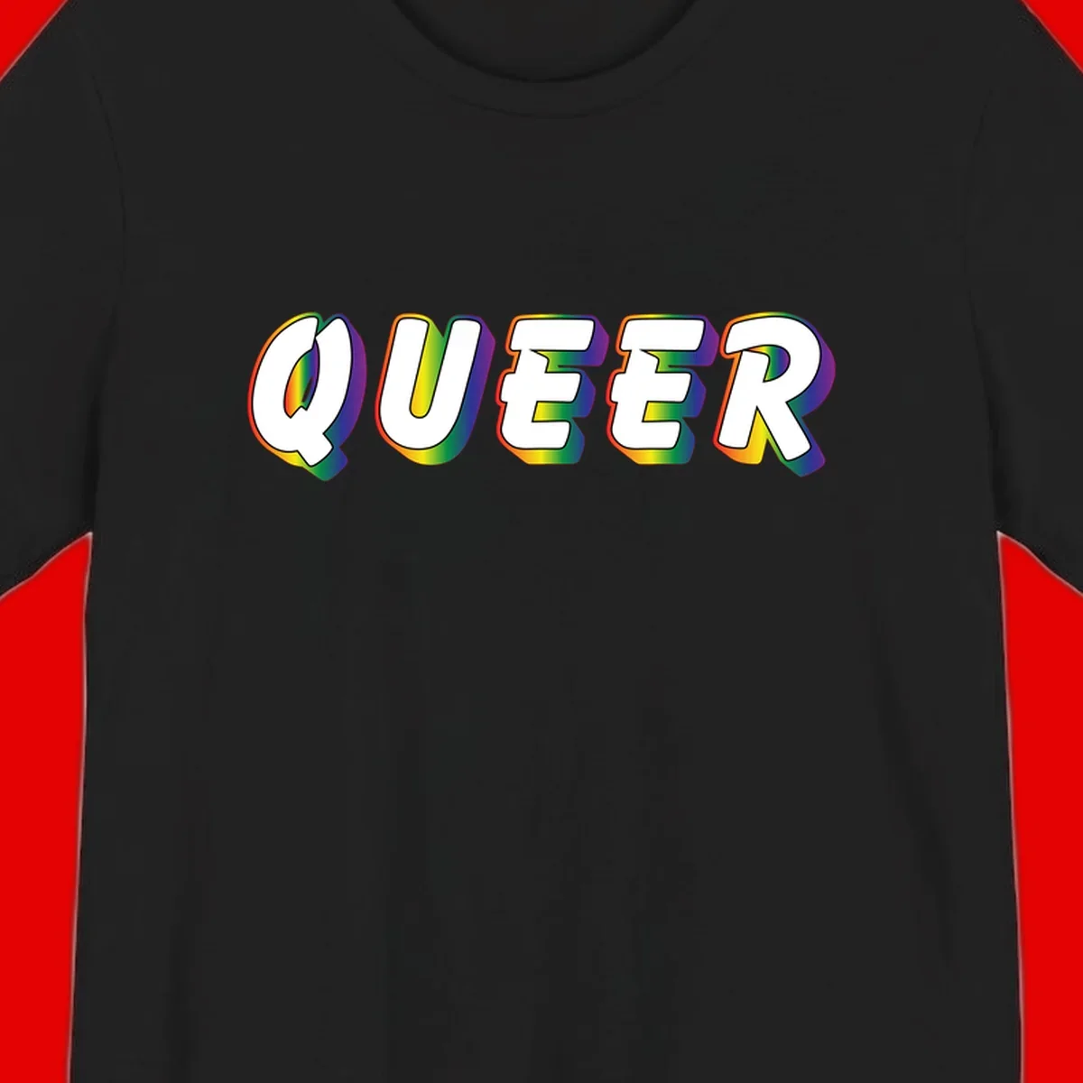 The word QUEER in large bold white letters with vibrant rainbow gradient fill and 3D orange outline effect on gray background