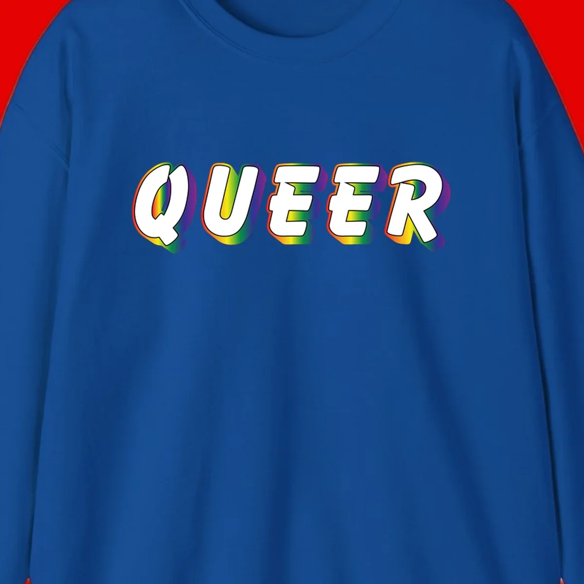 The word QUEER in large bold white letters with vibrant rainbow gradient fill and 3D orange outline effect on gray background