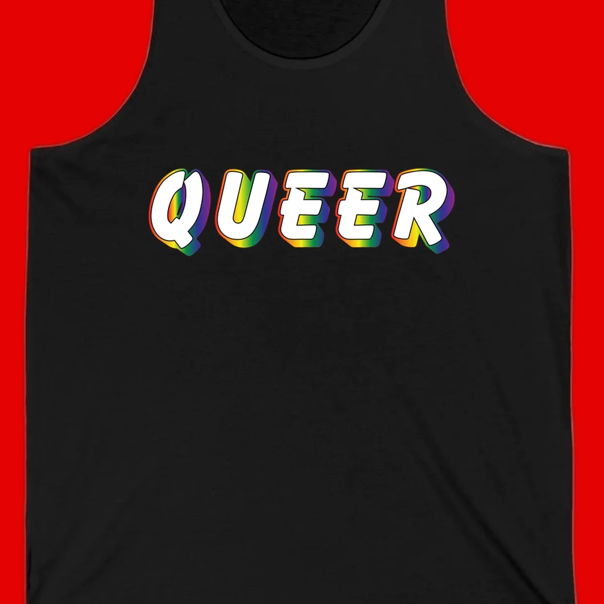 The word QUEER in large bold white letters with vibrant rainbow gradient fill and 3D orange outline effect on gray background