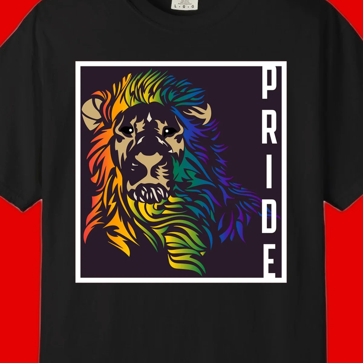 Rainbow pride lion with vibrant gradient mane in orange, yellow, green, blue and purple, with PRIDE text on dark background