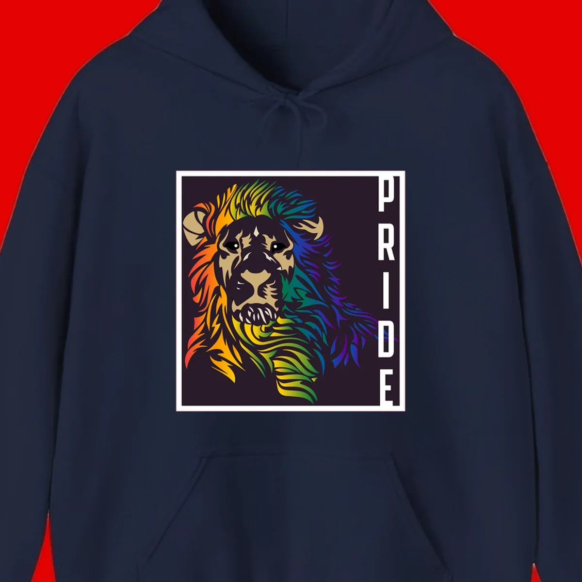 Rainbow pride lion with vibrant gradient mane in orange, yellow, green, blue and purple, with PRIDE text on dark background