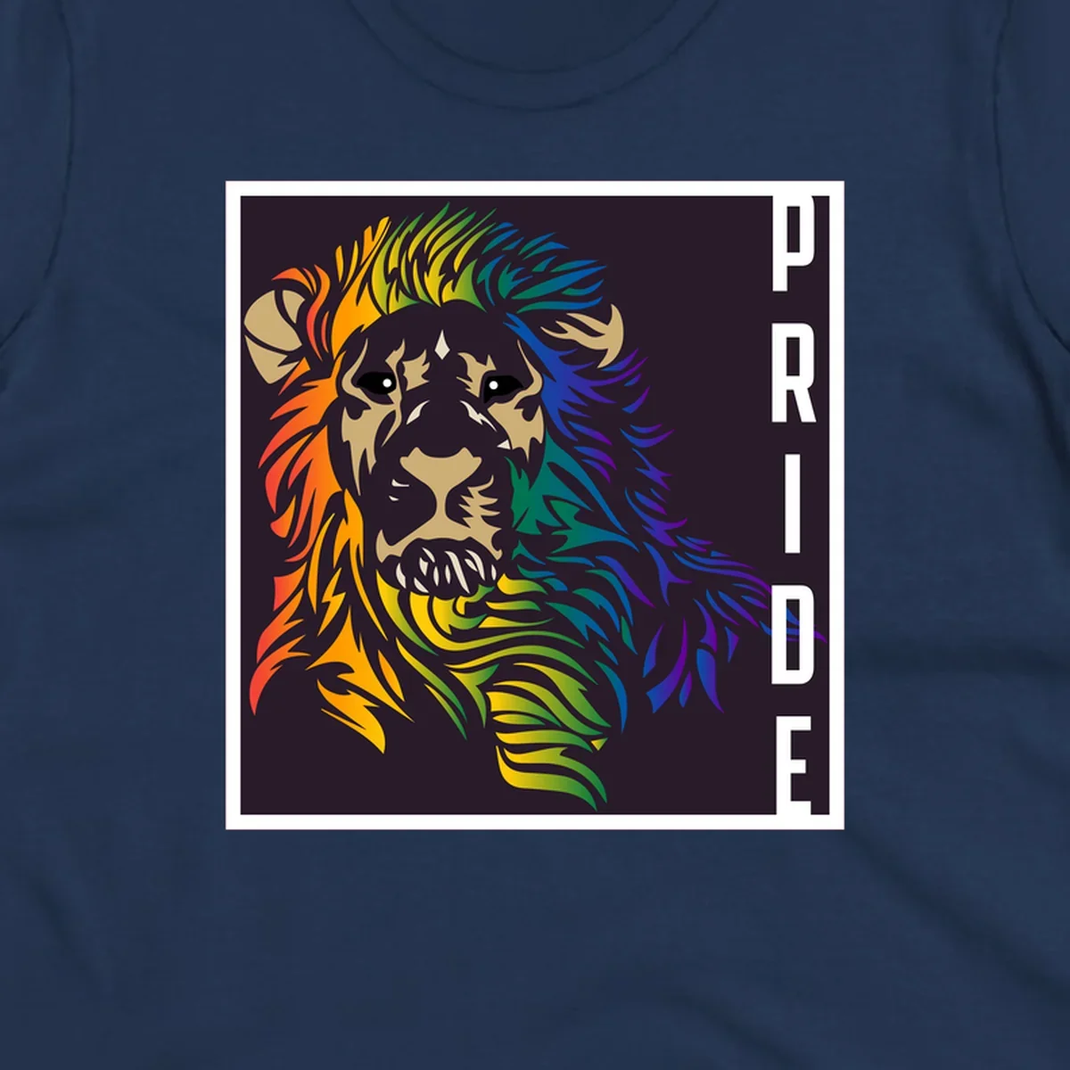 Rainbow pride lion with vibrant gradient mane in orange, yellow, green, blue and purple, with PRIDE text on dark background