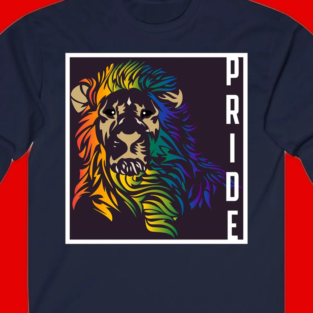 Rainbow pride lion with vibrant gradient mane in orange, yellow, green, blue and purple, with PRIDE text on dark background