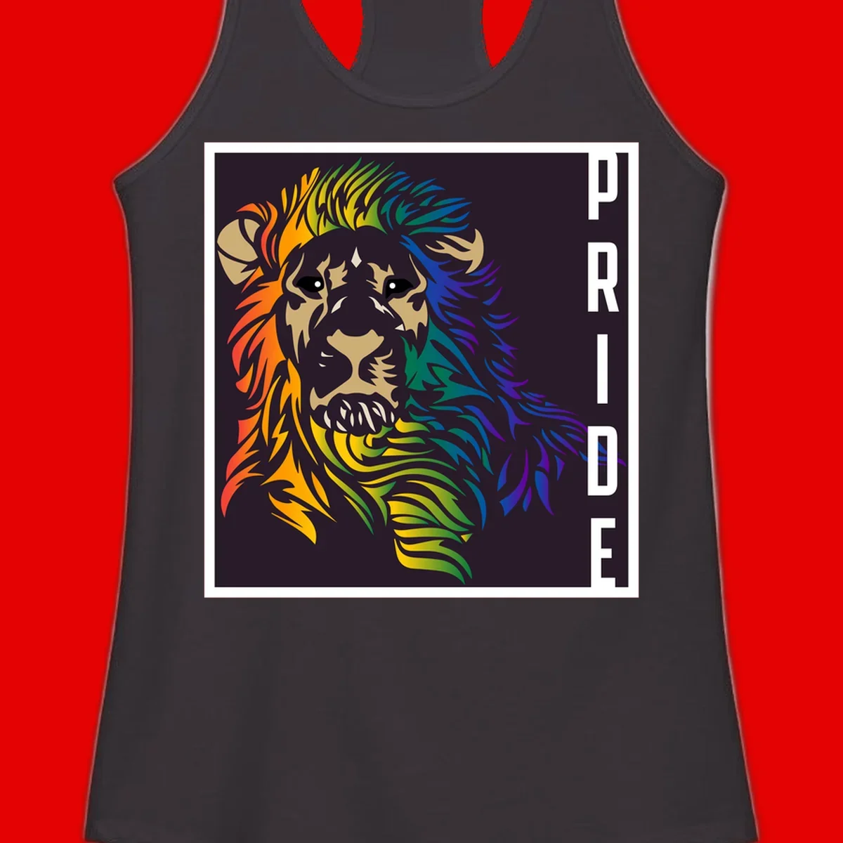 Rainbow pride lion with vibrant gradient mane in orange, yellow, green, blue and purple, with PRIDE text on dark background