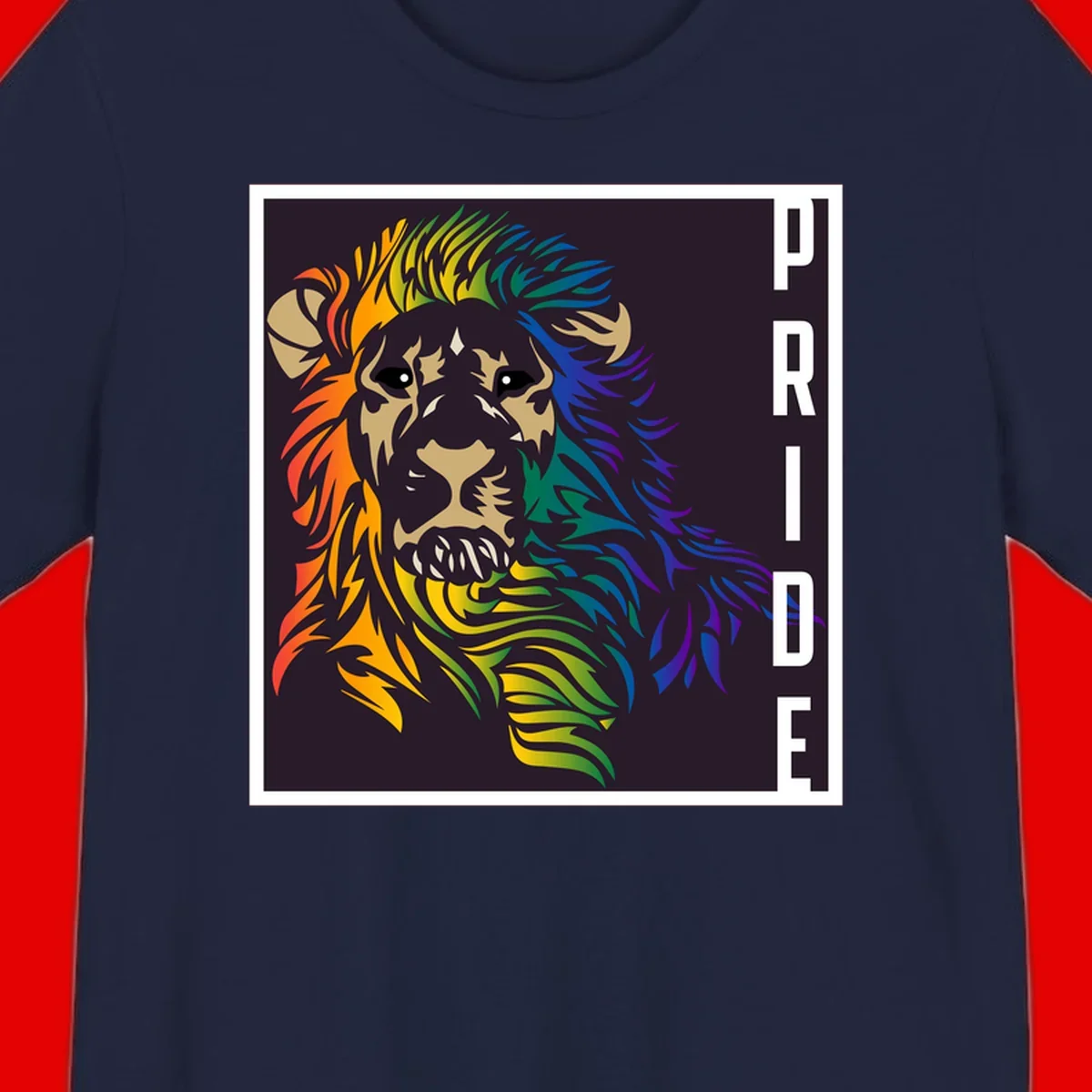 Rainbow pride lion with vibrant gradient mane in orange, yellow, green, blue and purple, with PRIDE text on dark background