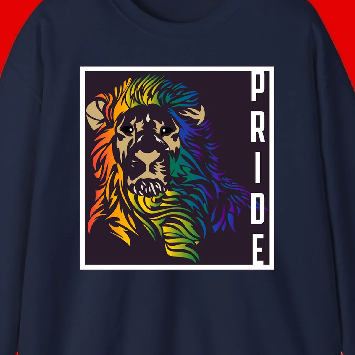 Rainbow pride lion with vibrant gradient mane in orange, yellow, green, blue and purple, with PRIDE text on dark background
