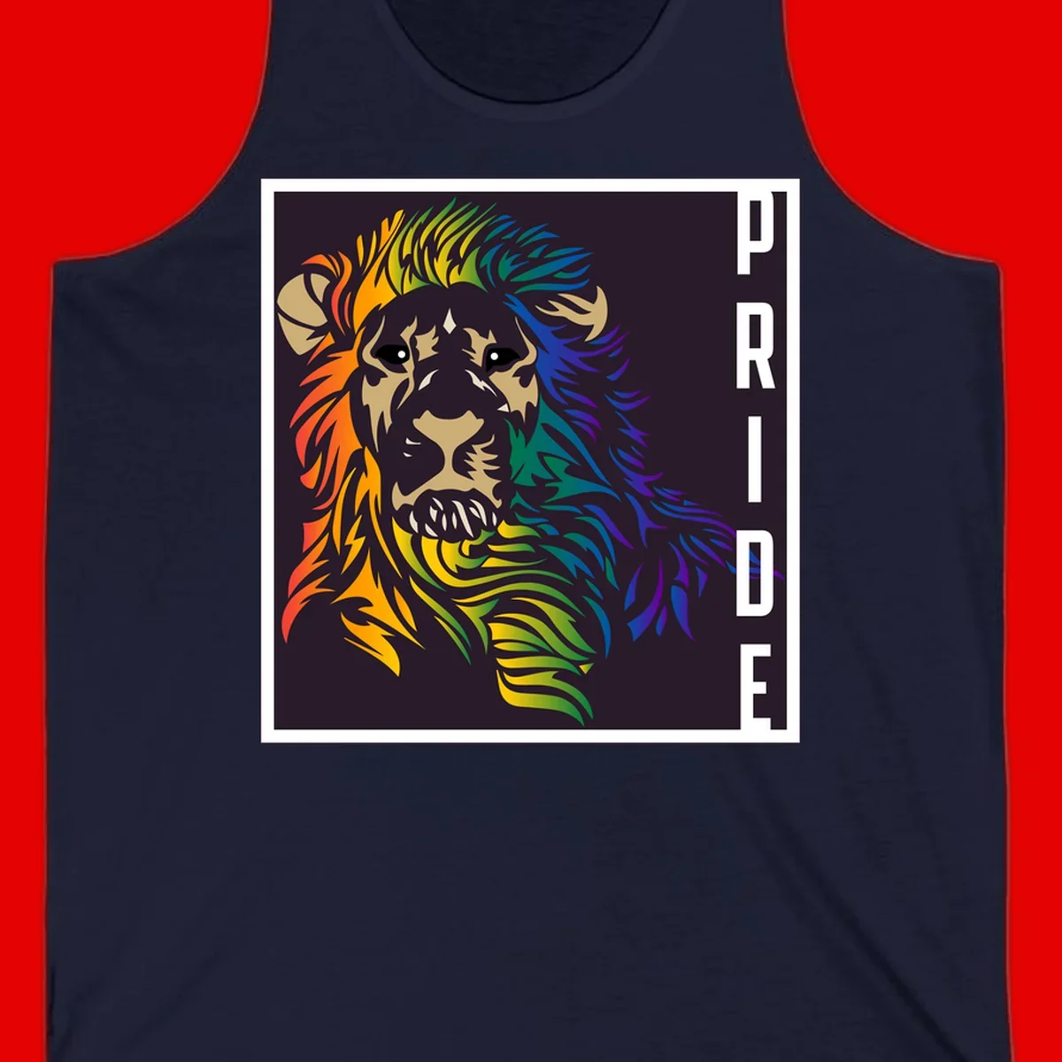 Rainbow pride lion with vibrant gradient mane in orange, yellow, green, blue and purple, with PRIDE text on dark background
