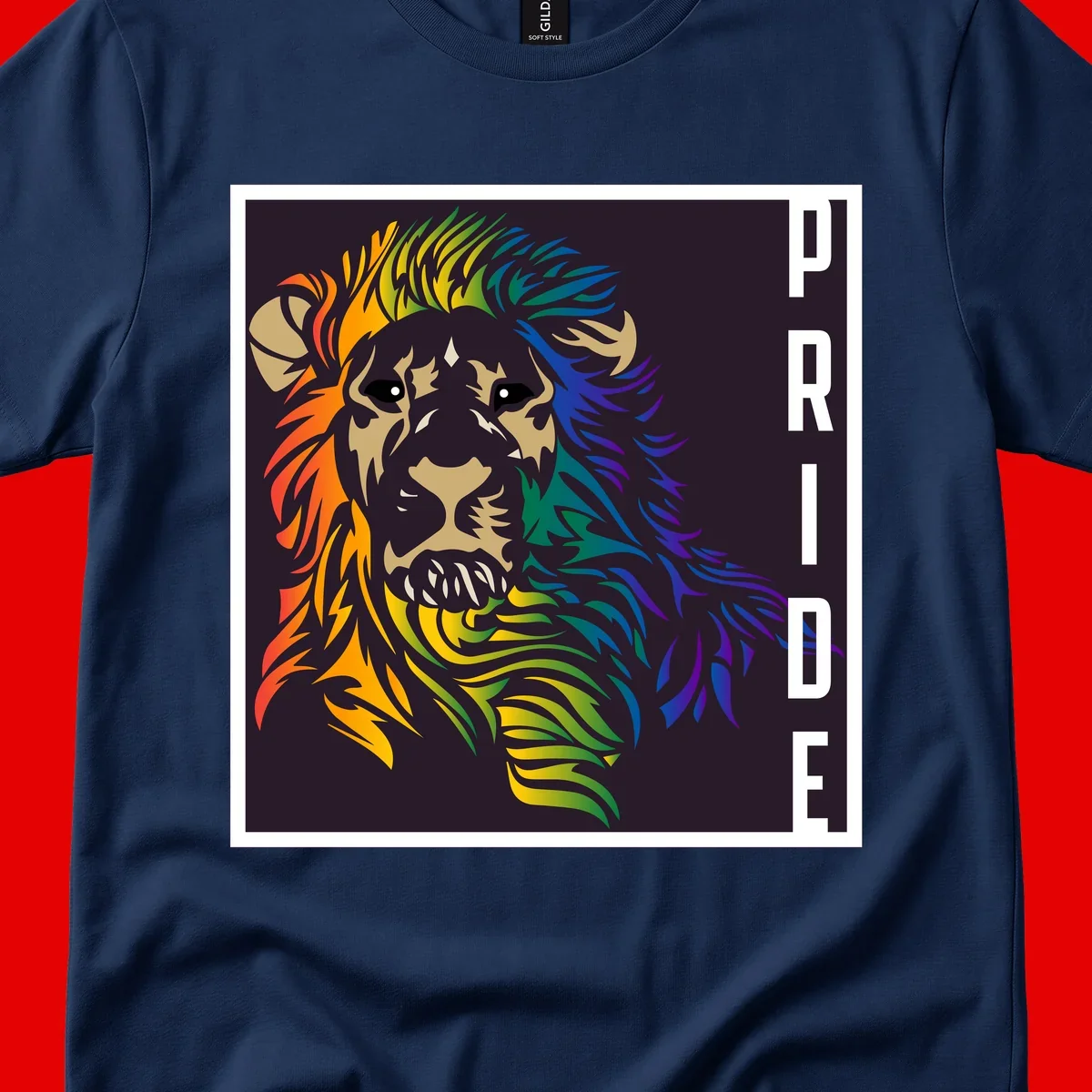 Rainbow pride lion with vibrant gradient mane in orange, yellow, green, blue and purple, with PRIDE text on dark background