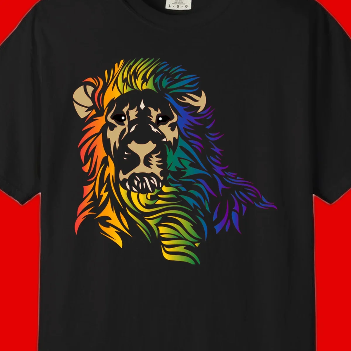 Rainbow lion head with gradient mane flowing from red through purple, featuring tan face with black eyes and detailed whiskers on gray background