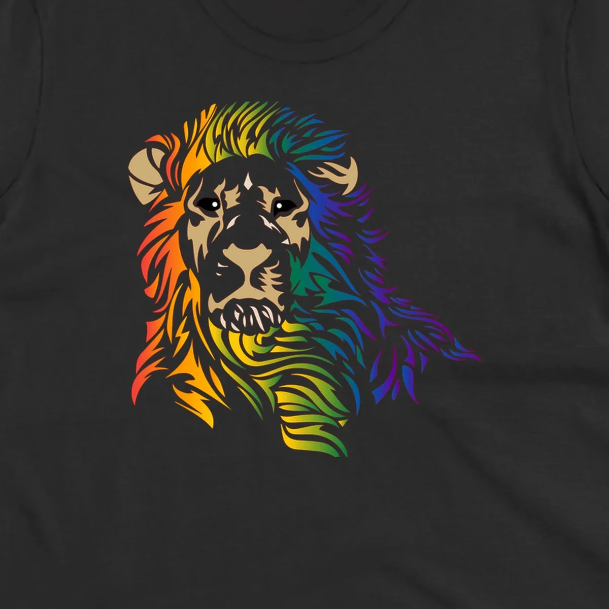 Rainbow lion head with gradient mane flowing from red through purple, featuring tan face with black eyes and detailed whiskers on gray background