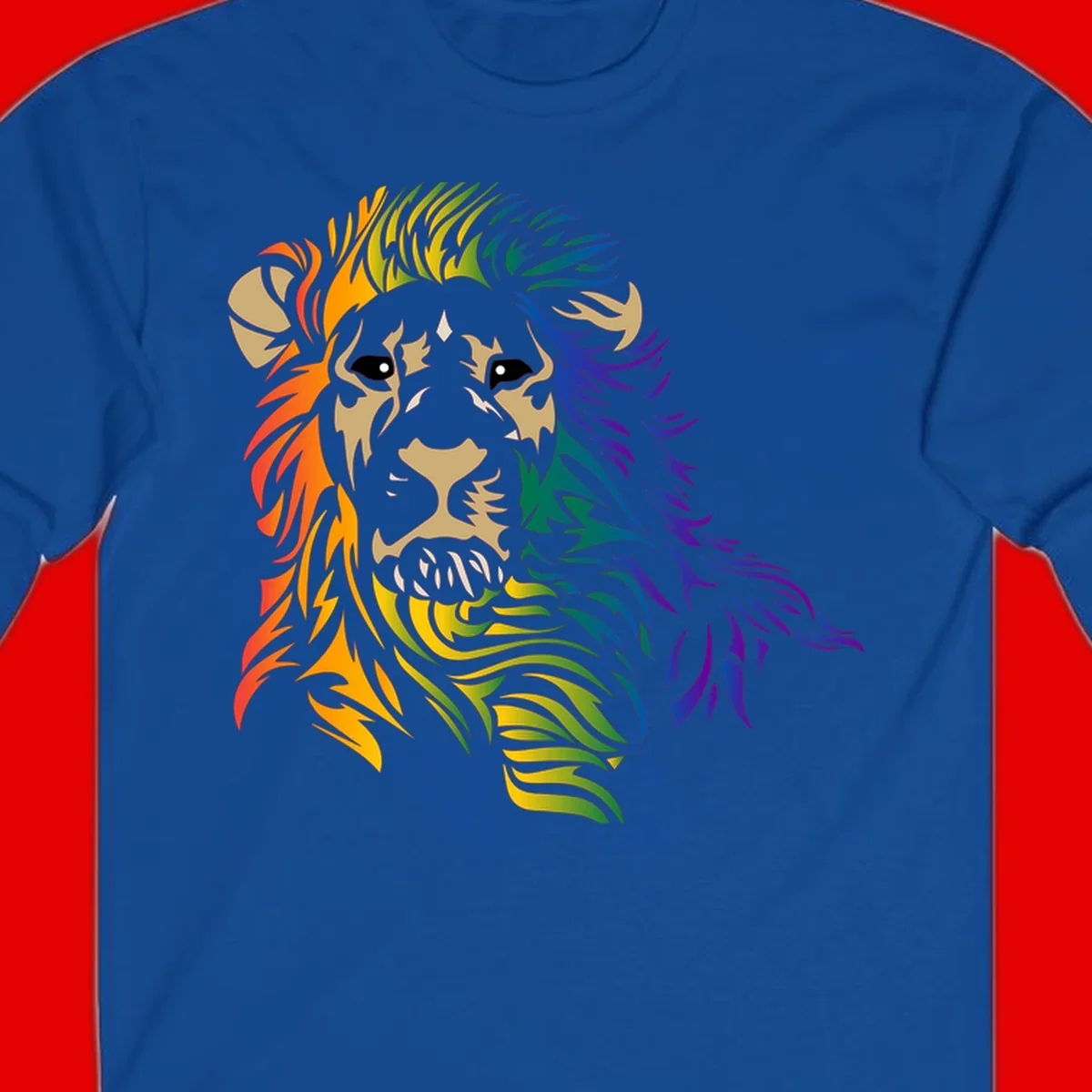 Rainbow lion head with gradient mane flowing from red through purple, featuring tan face with black eyes and detailed whiskers on gray background
