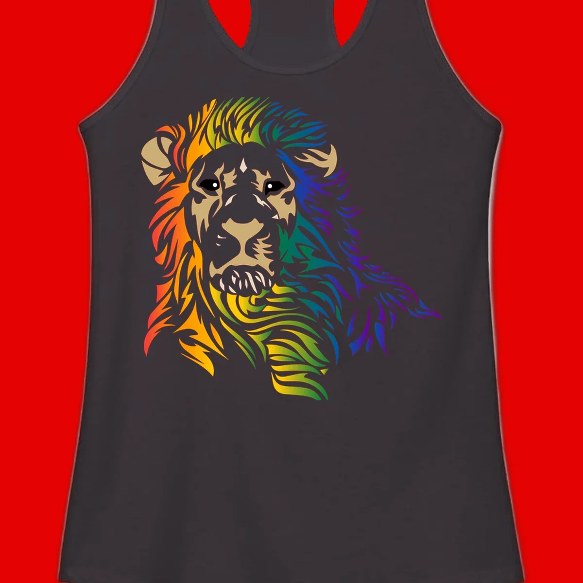 Rainbow lion head with gradient mane flowing from red through purple, featuring tan face with black eyes and detailed whiskers on gray background