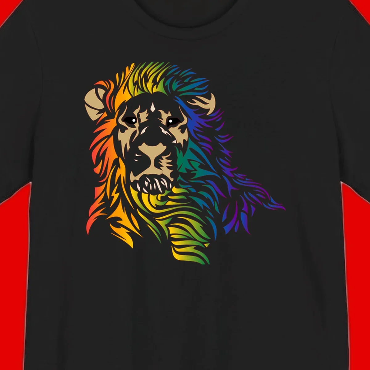 Rainbow lion head with gradient mane flowing from red through purple, featuring tan face with black eyes and detailed whiskers on gray background