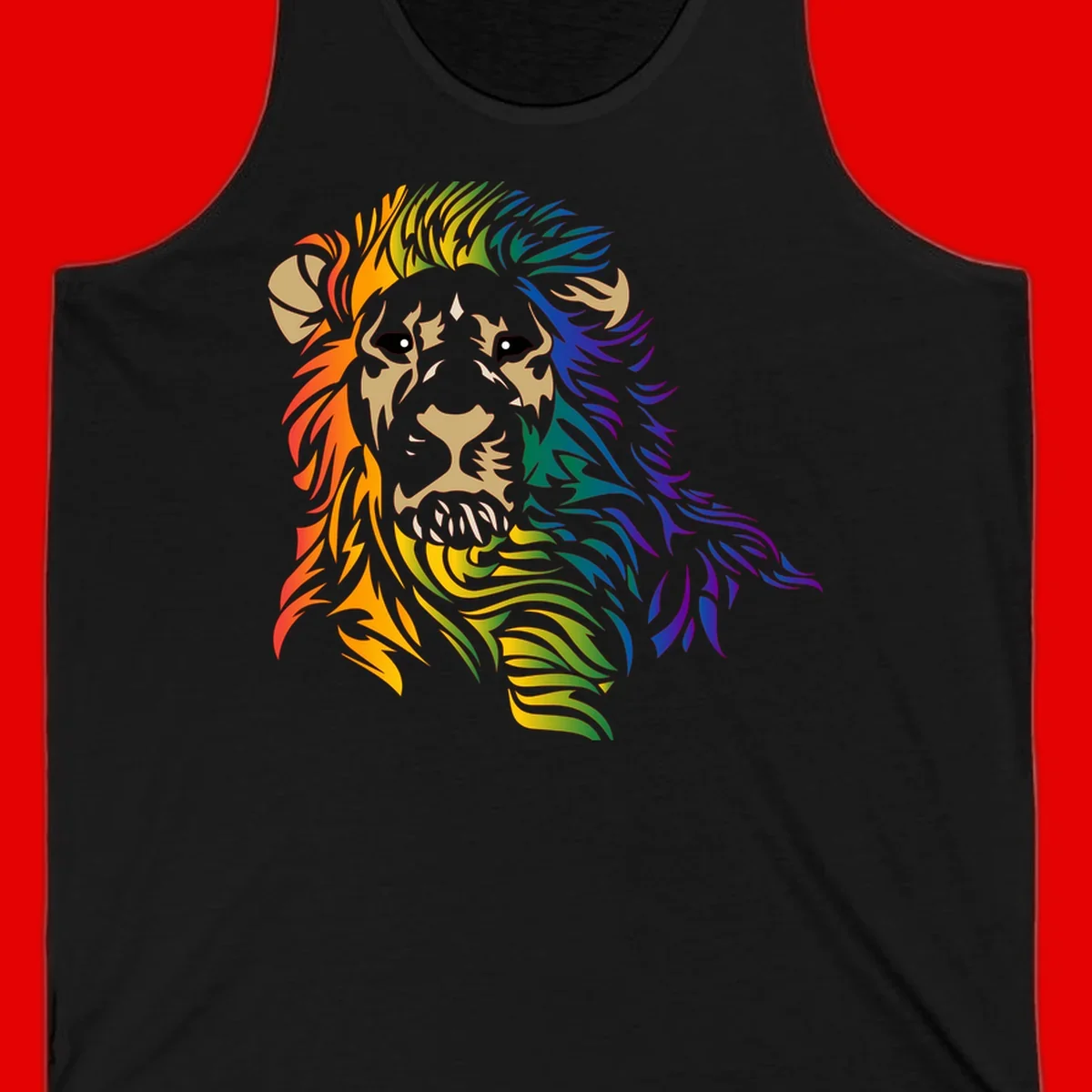 Rainbow lion head with gradient mane flowing from red through purple, featuring tan face with black eyes and detailed whiskers on gray background