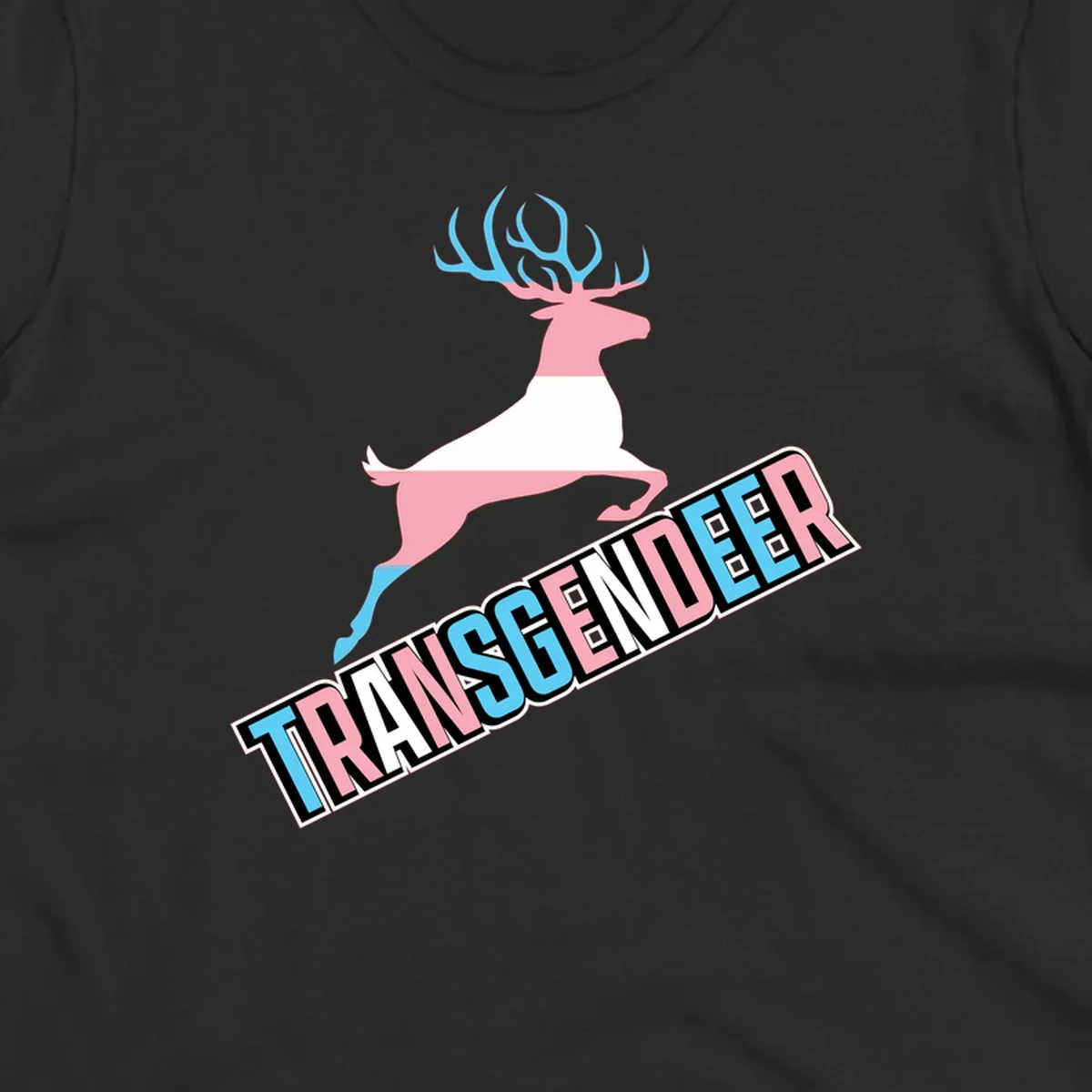 Transgender deer pride design: pink and white deer leaping with blue and pink antlers, 'TRANSGENDER' text banner below in pride colors
