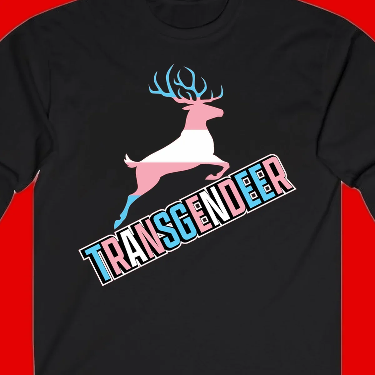 Transgender deer pride design: pink and white deer leaping with blue and pink antlers, 'TRANSGENDER' text banner below in pride colors
