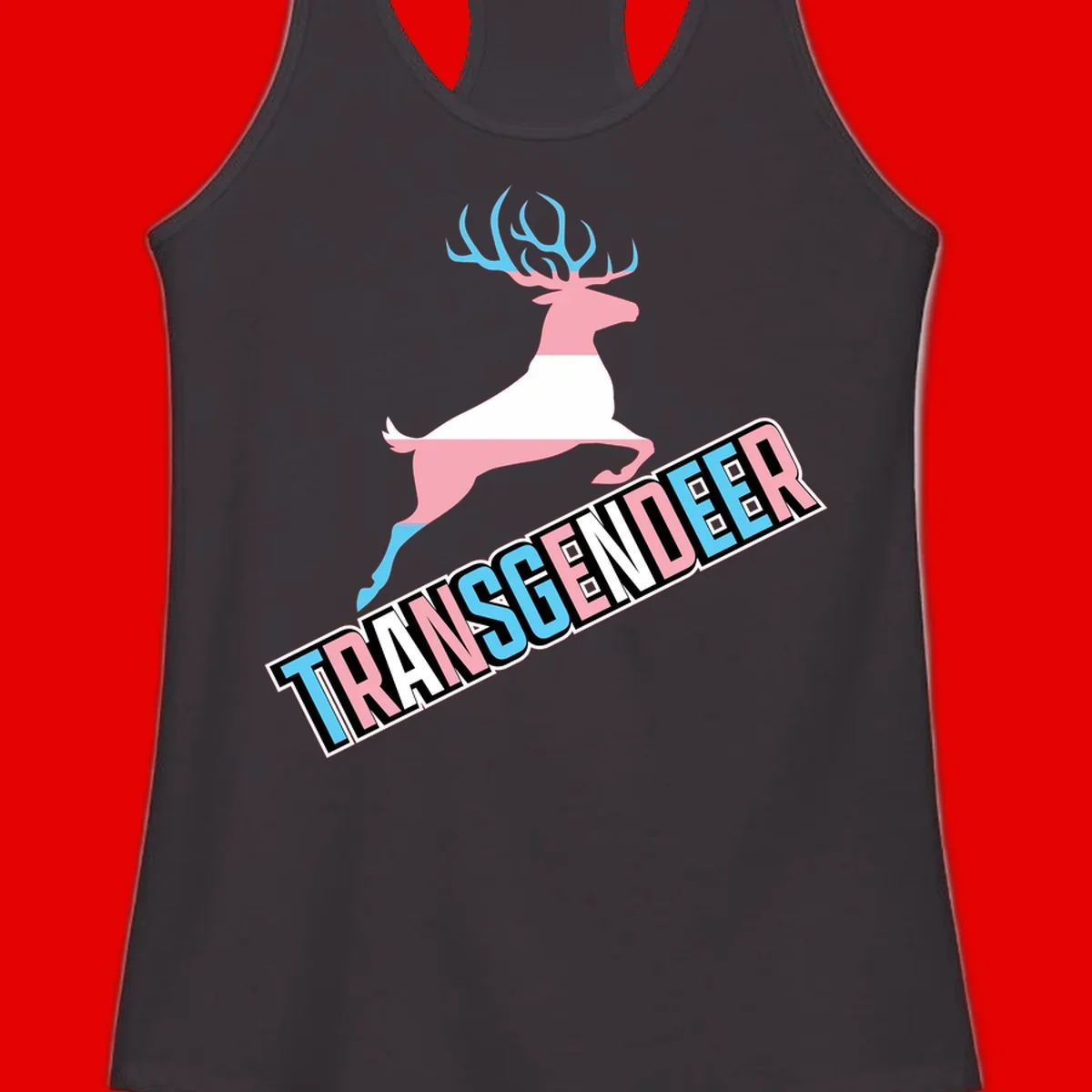 Transgender deer pride design: pink and white deer leaping with blue and pink antlers, 'TRANSGENDER' text banner below in pride colors
