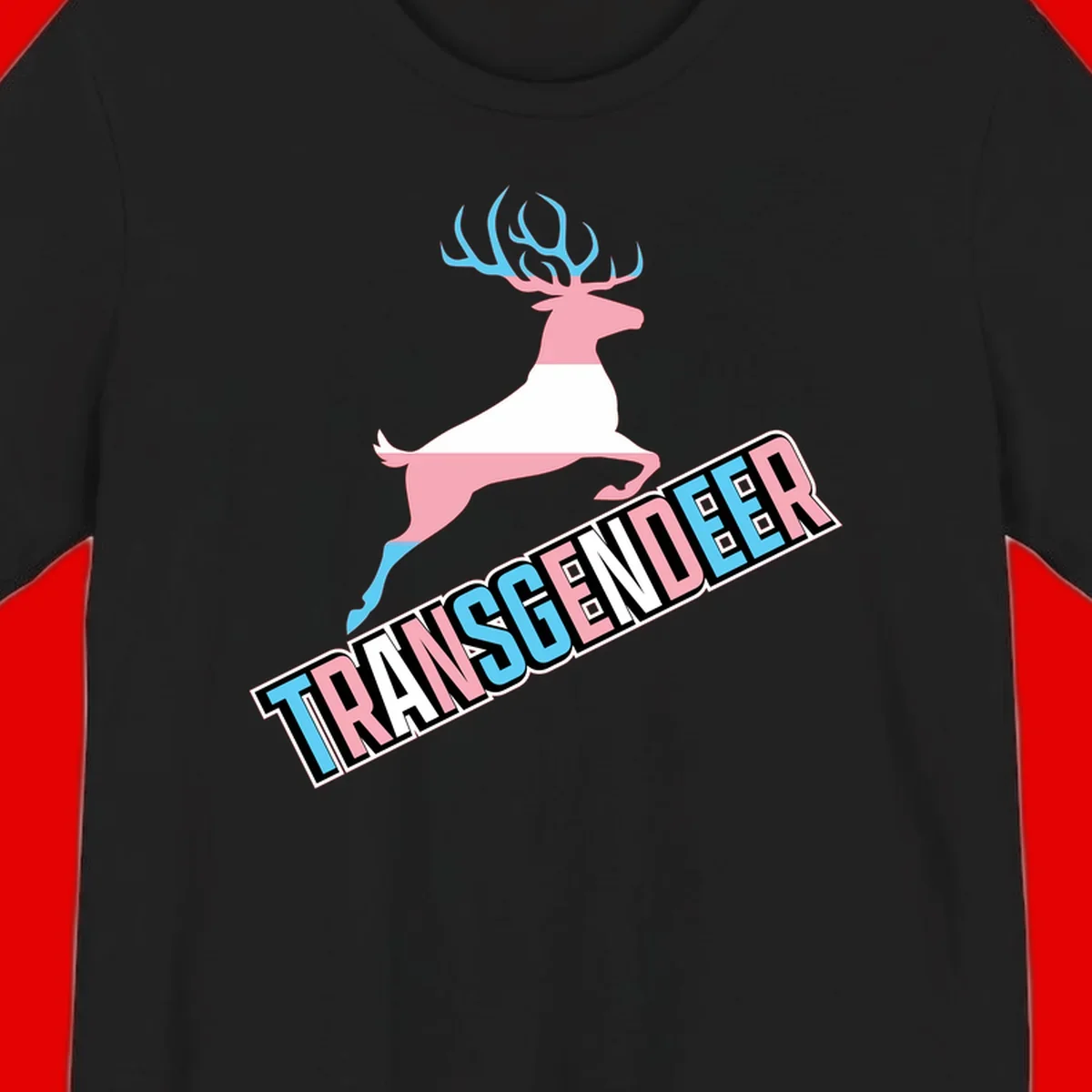 Transgender deer pride design: pink and white deer leaping with blue and pink antlers, 'TRANSGENDER' text banner below in pride colors