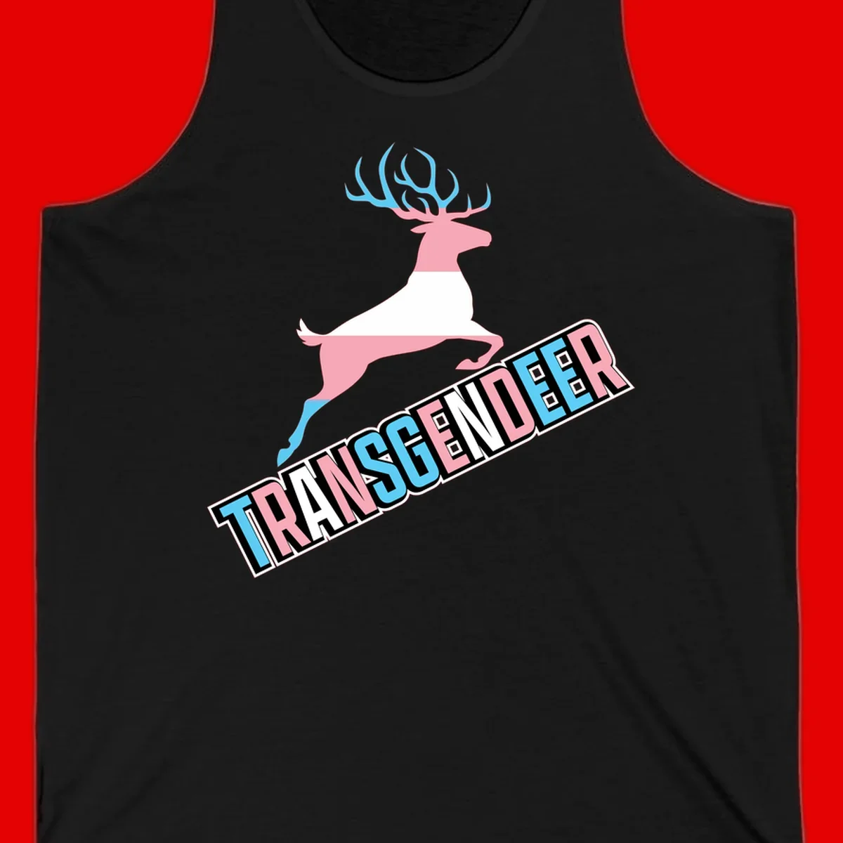 Transgender deer pride design: pink and white deer leaping with blue and pink antlers, 'TRANSGENDER' text banner below in pride colors