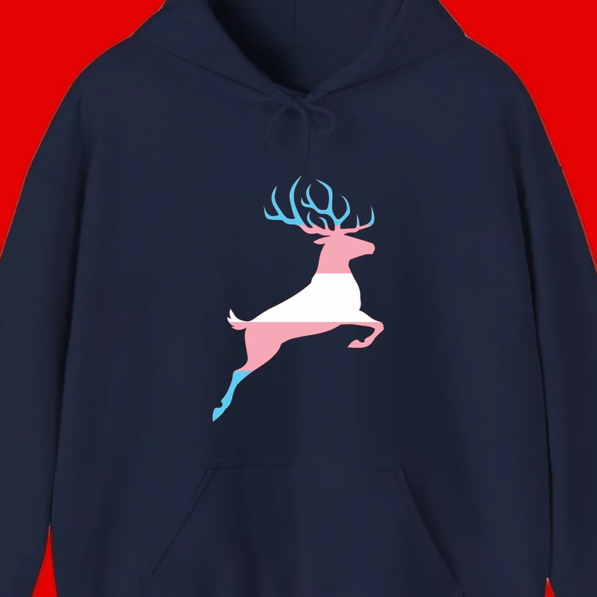 Stylized pink stag with gradient blue antlers leaping against gray background, modern minimalist design
