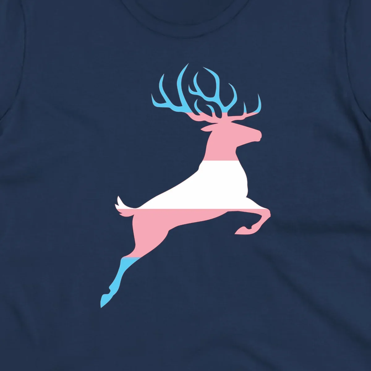 Stylized pink stag with gradient blue antlers leaping against gray background, modern minimalist design