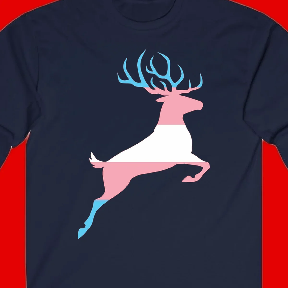 Stylized pink stag with gradient blue antlers leaping against gray background, modern minimalist design
