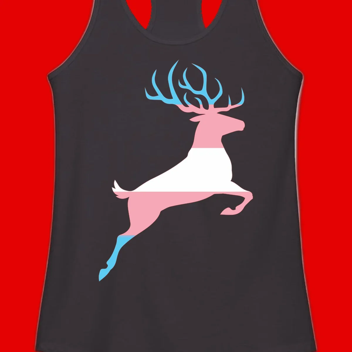 Stylized pink stag with gradient blue antlers leaping against gray background, modern minimalist design