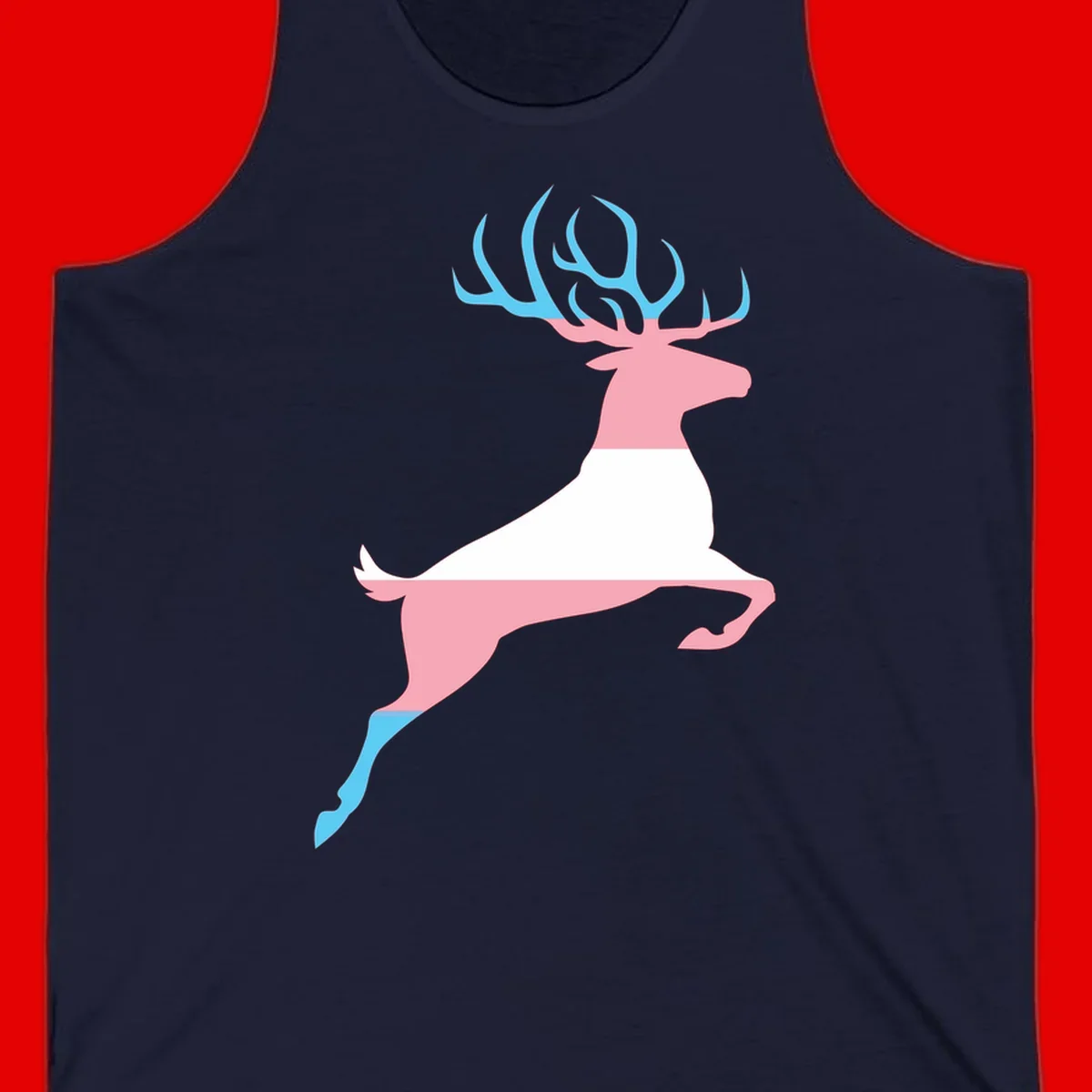 Stylized pink stag with gradient blue antlers leaping against gray background, modern minimalist design