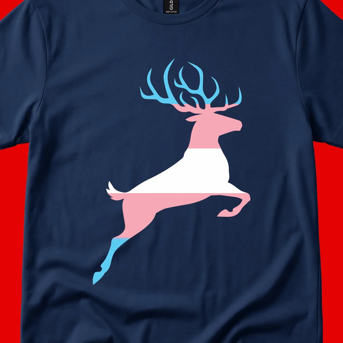 Stylized pink stag with gradient blue antlers leaping against gray background, modern minimalist design