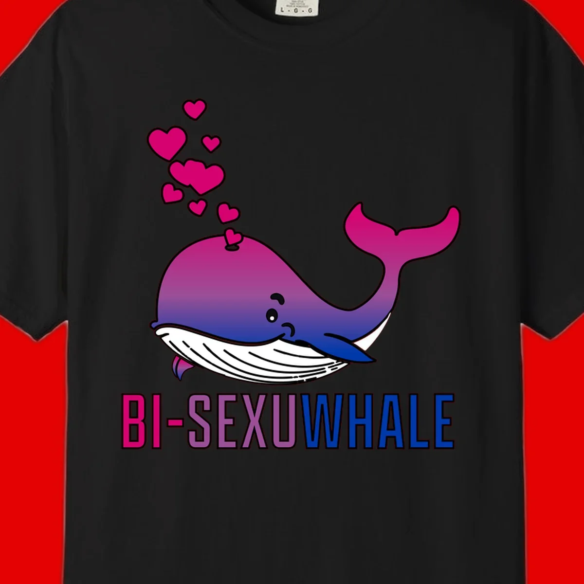 Cute smiling whale in bi pride colors (magenta, purple, blue) with floating hearts and 'BI-SEXUAL WHALE' text below