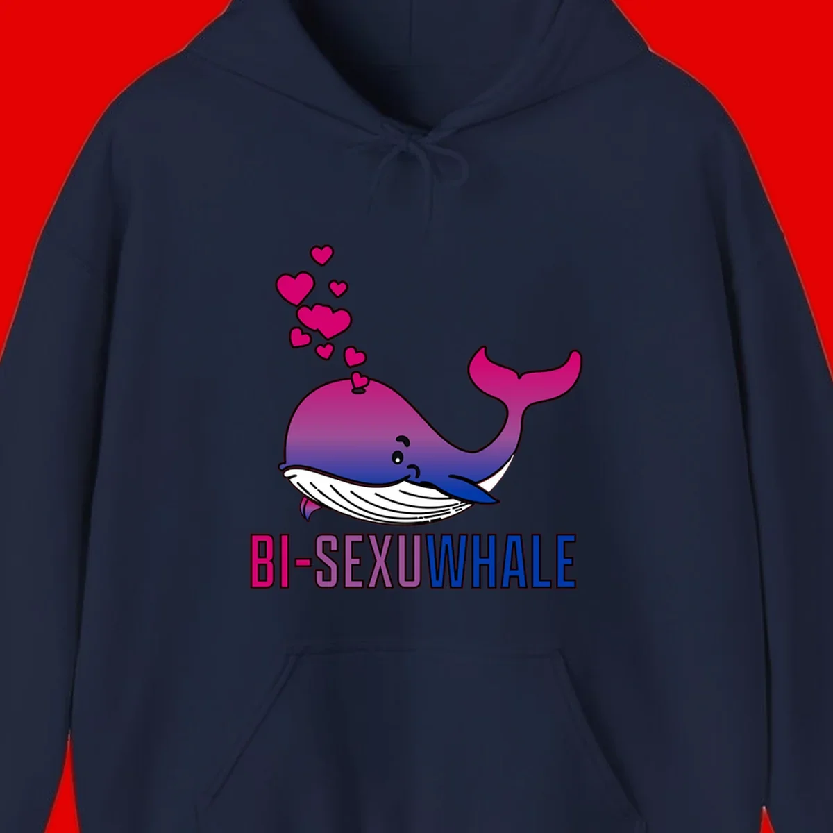 Cute smiling whale in bi pride colors (magenta, purple, blue) with floating hearts and 'BI-SEXUAL WHALE' text below