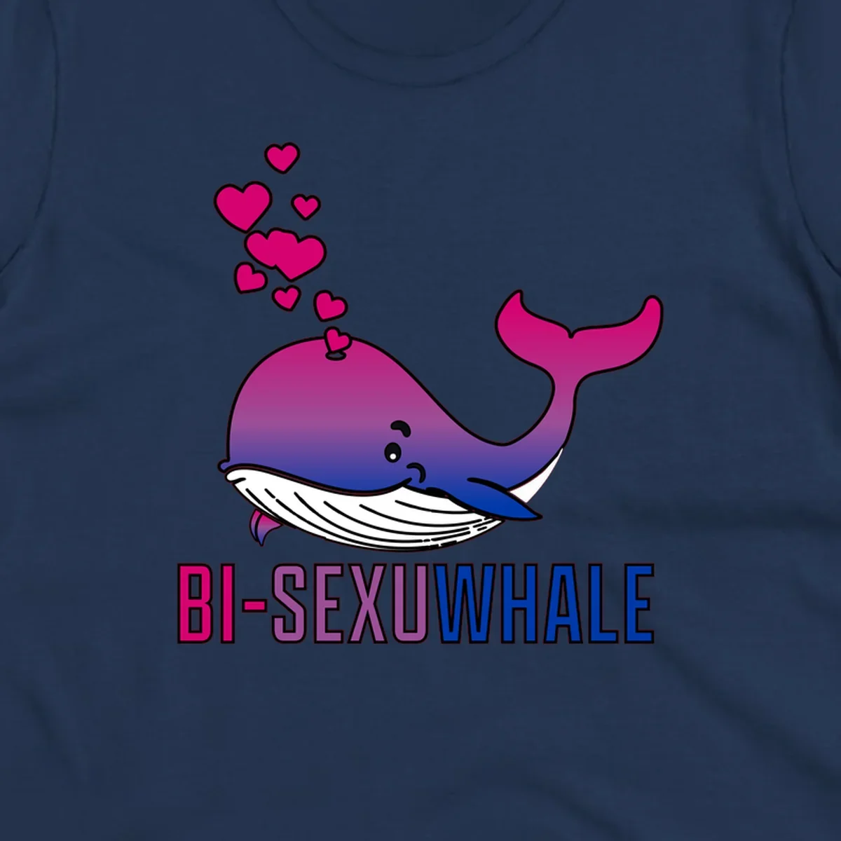 Cute smiling whale in bi pride colors (magenta, purple, blue) with floating hearts and 'BI-SEXUAL WHALE' text below